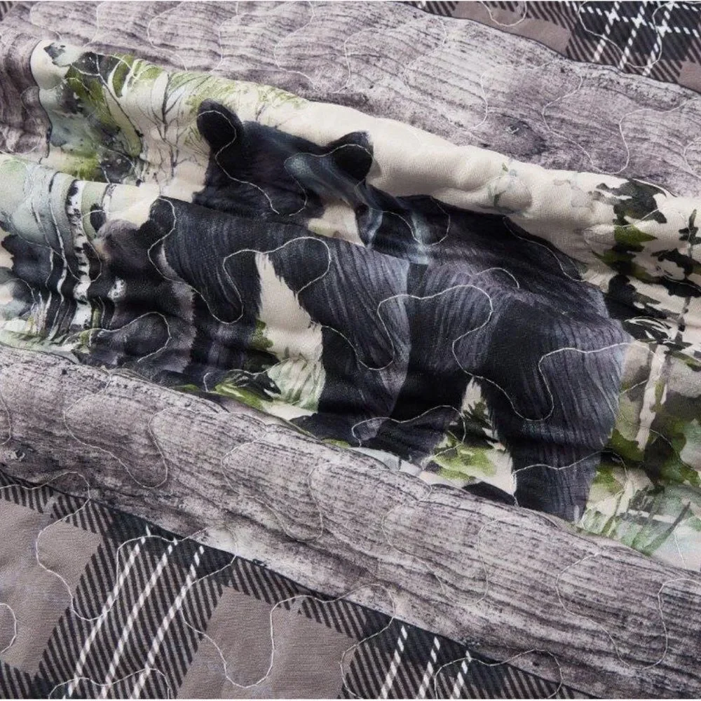 Black Bear Printed King Quilt Set Country Lodge Cabin Rustic Lightweight